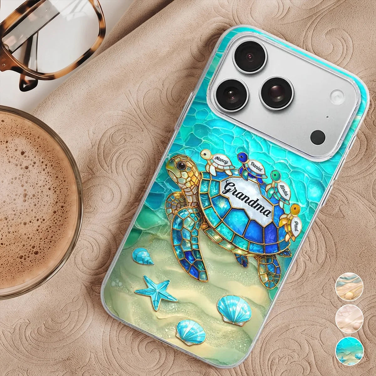 Personalized Clear TPU Phone Case Turquoise Turtle Gift for Grandma