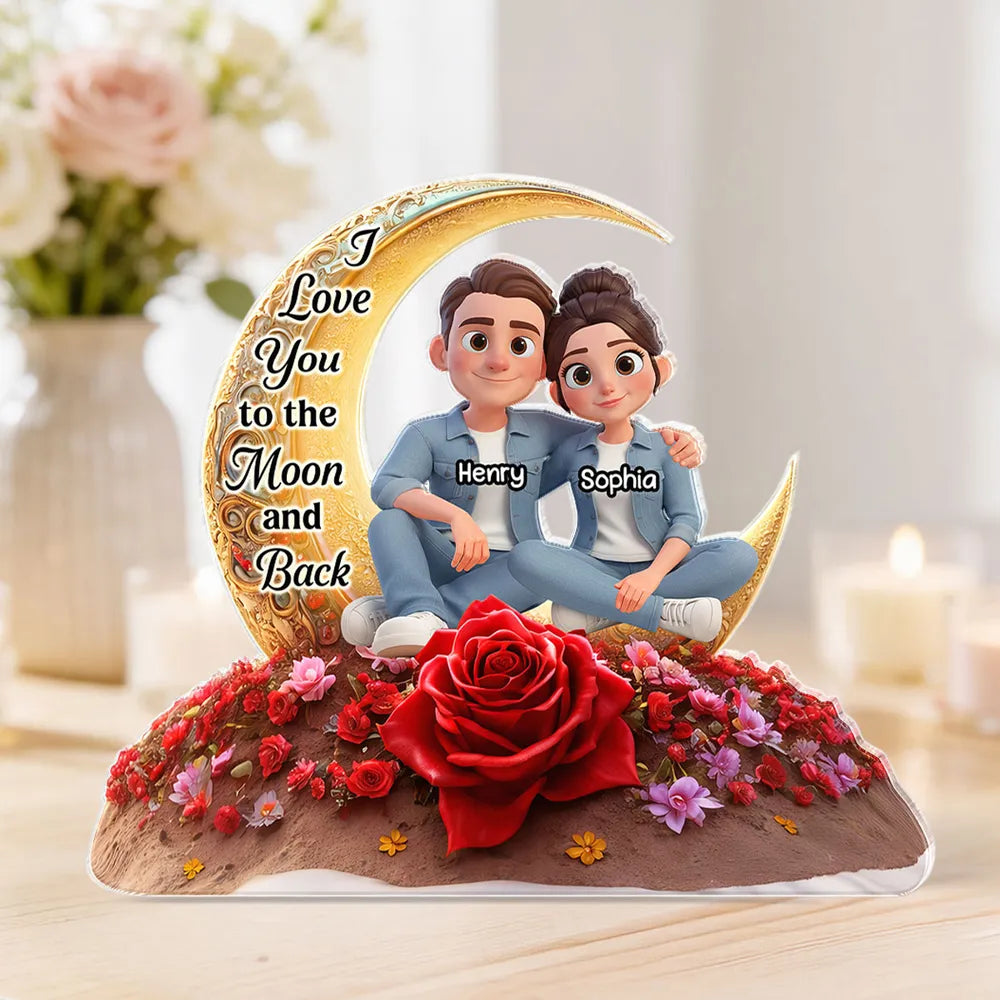 Personalized Couple Figurine with Moon and Rose - Romantic Gift for Loved Ones Plaque MagicInPrints
