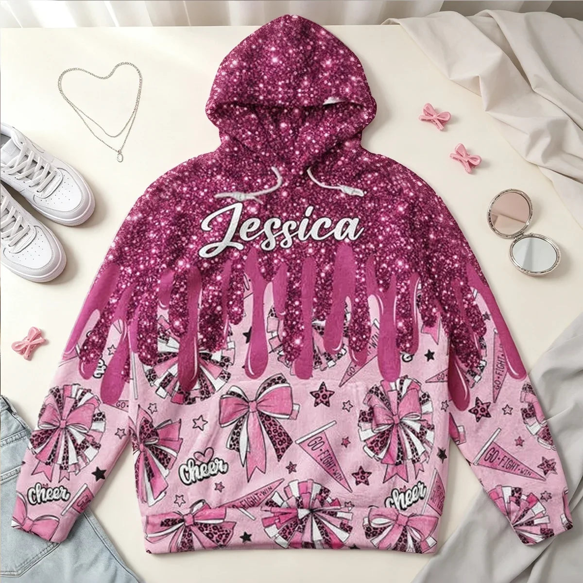 Personalized Youth Flannel Hoodie with Glitter Cheer Design Gift for Cheerleaders