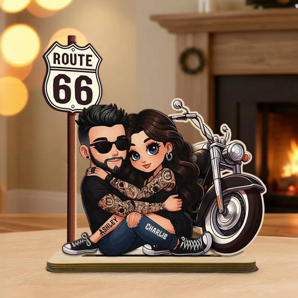 Custom Couple Figurine for Bikers with Route 66 Sign - Romantic Gift Plaque MagicInPrints