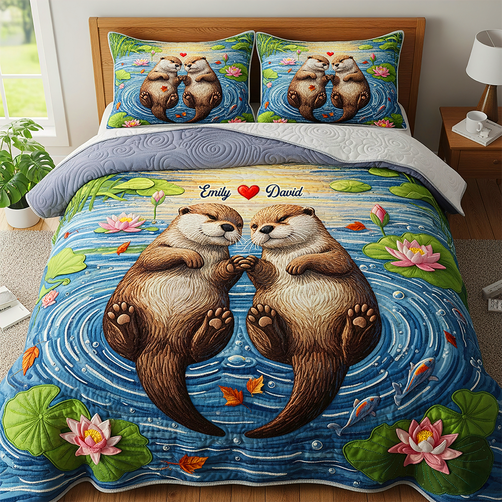 Love Among Otters: Personalized Quilt Bedding Set - Unique Gift for Couples Blanket MagicInPrints