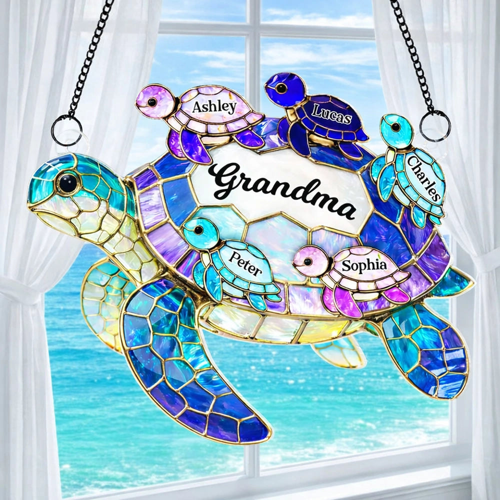 Personalized Stained Glass Turtle Sun Catcher for Grandma - Family Gift Ornament MagicInPrints