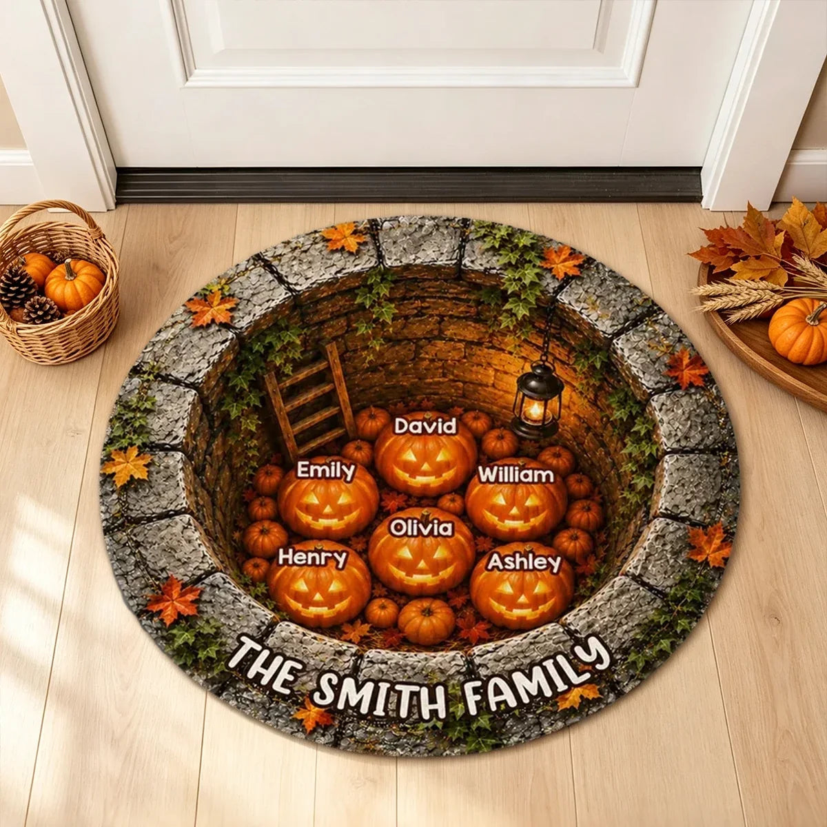 Personalized Halloween Shaped Doormat with Glowing Pumpkin Family Gift for Families