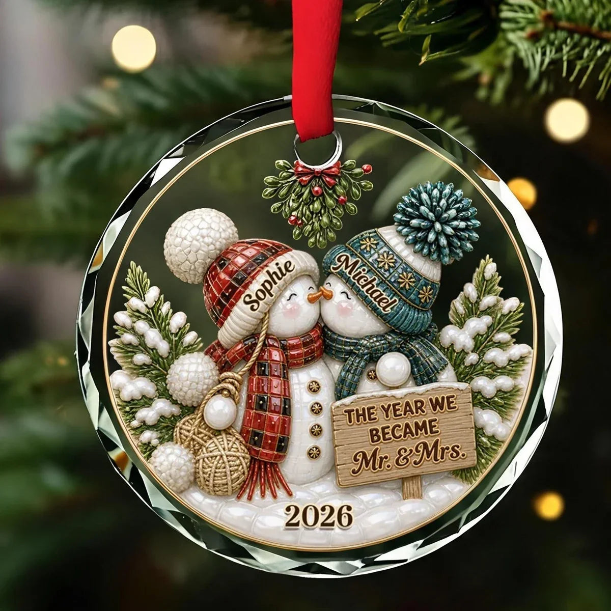 Personalized Crystal Ornament Kissing Snowmen Couples Gift