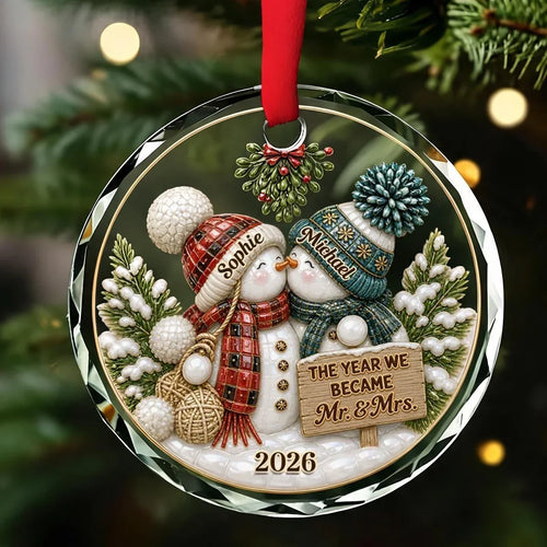 Personalized Crystal Ornament Kissing Snowmen Couples Gift