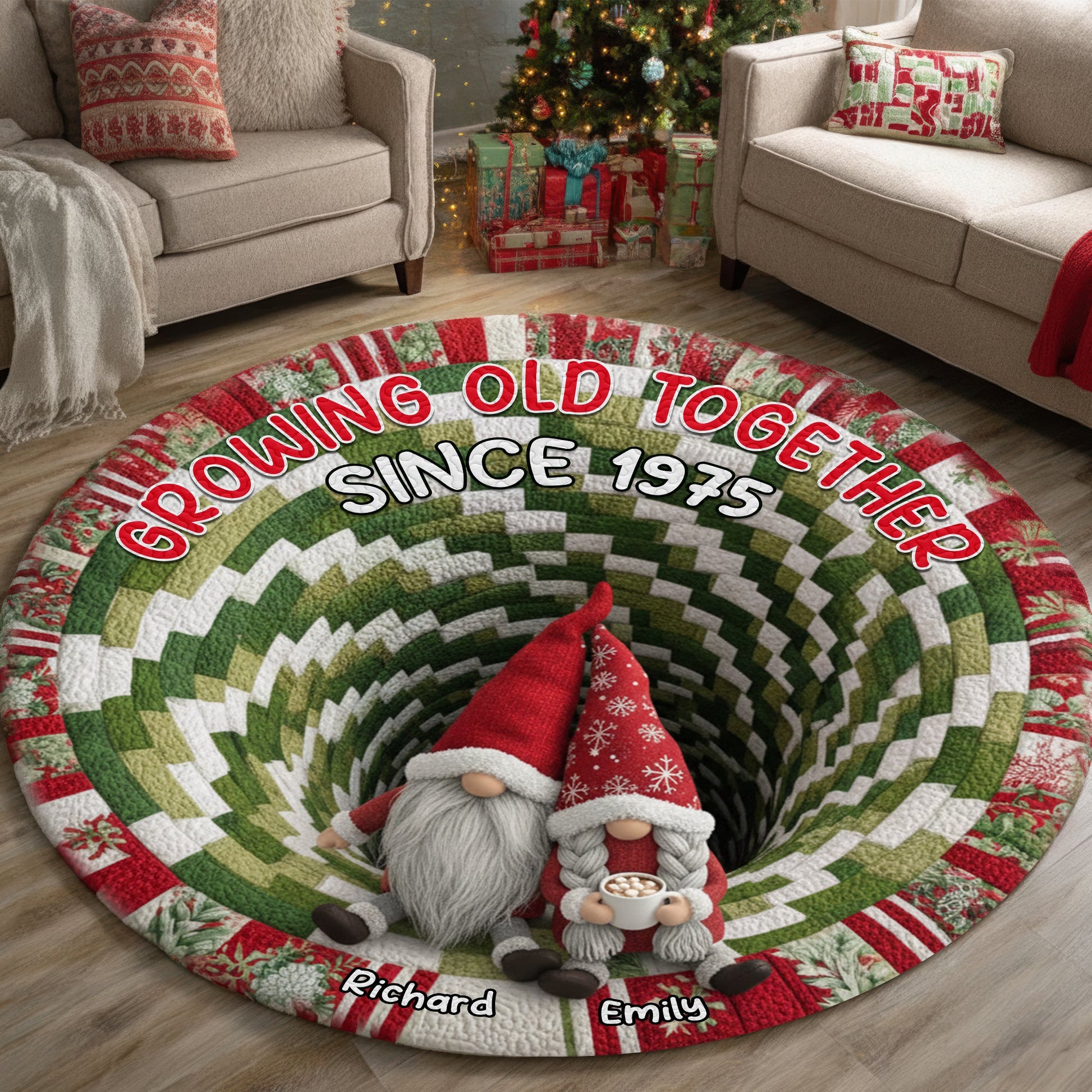 Growing Old Together: Gnome Couple Quilted Round Mat - Personalized Gift for Couples Doormat MagicInPrints