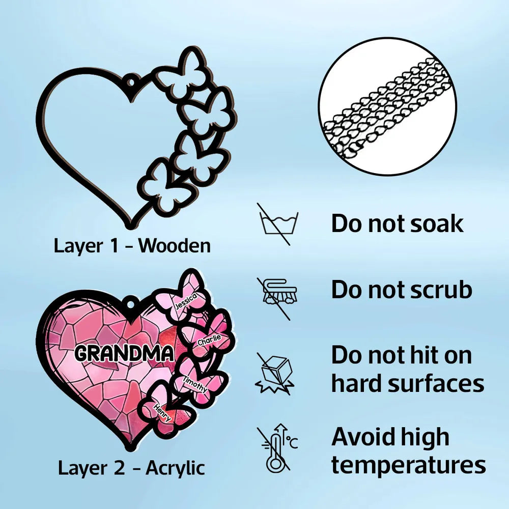 Personalized Heart Sun Catcher for Nana with Butterfly Names - Grandparent Gift Ornament MagicInPrints
