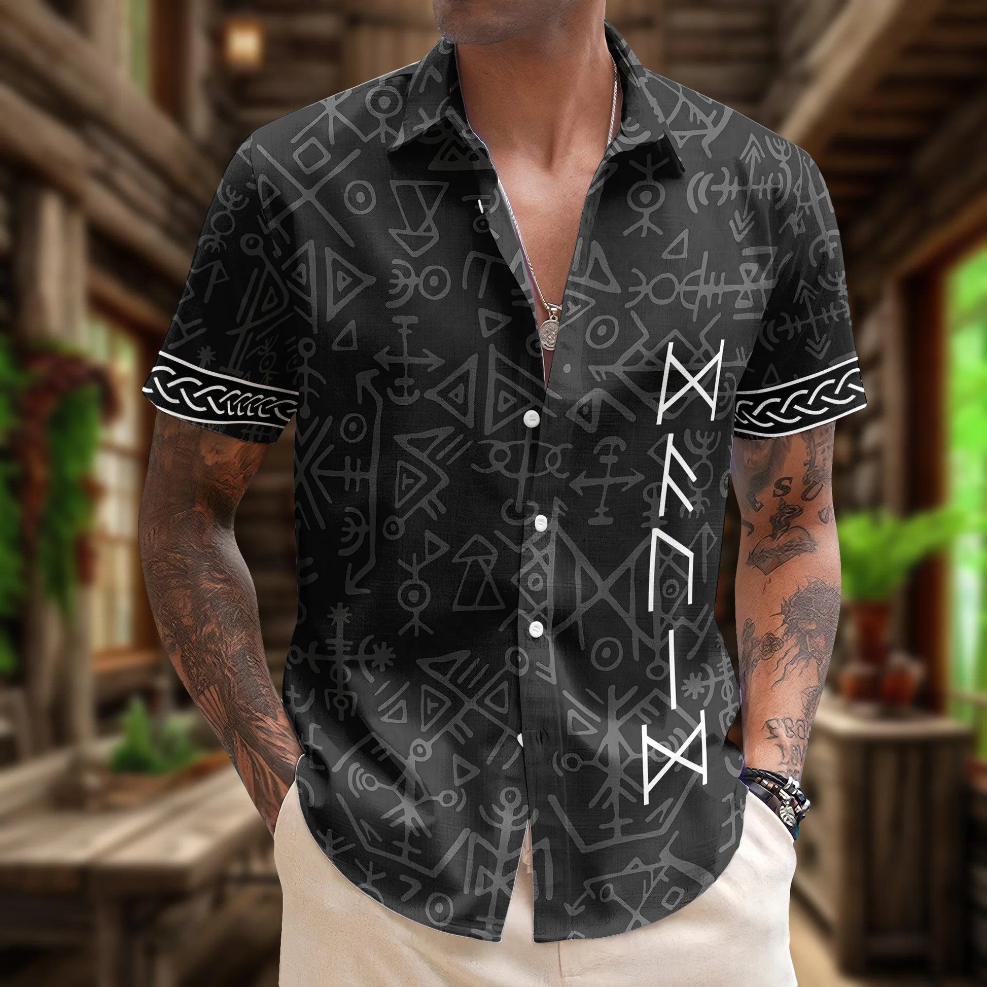 Viking Wolf Symbol Men's Button-Up Shirt - Casual Nordic Style Cloth MagicInPrints
