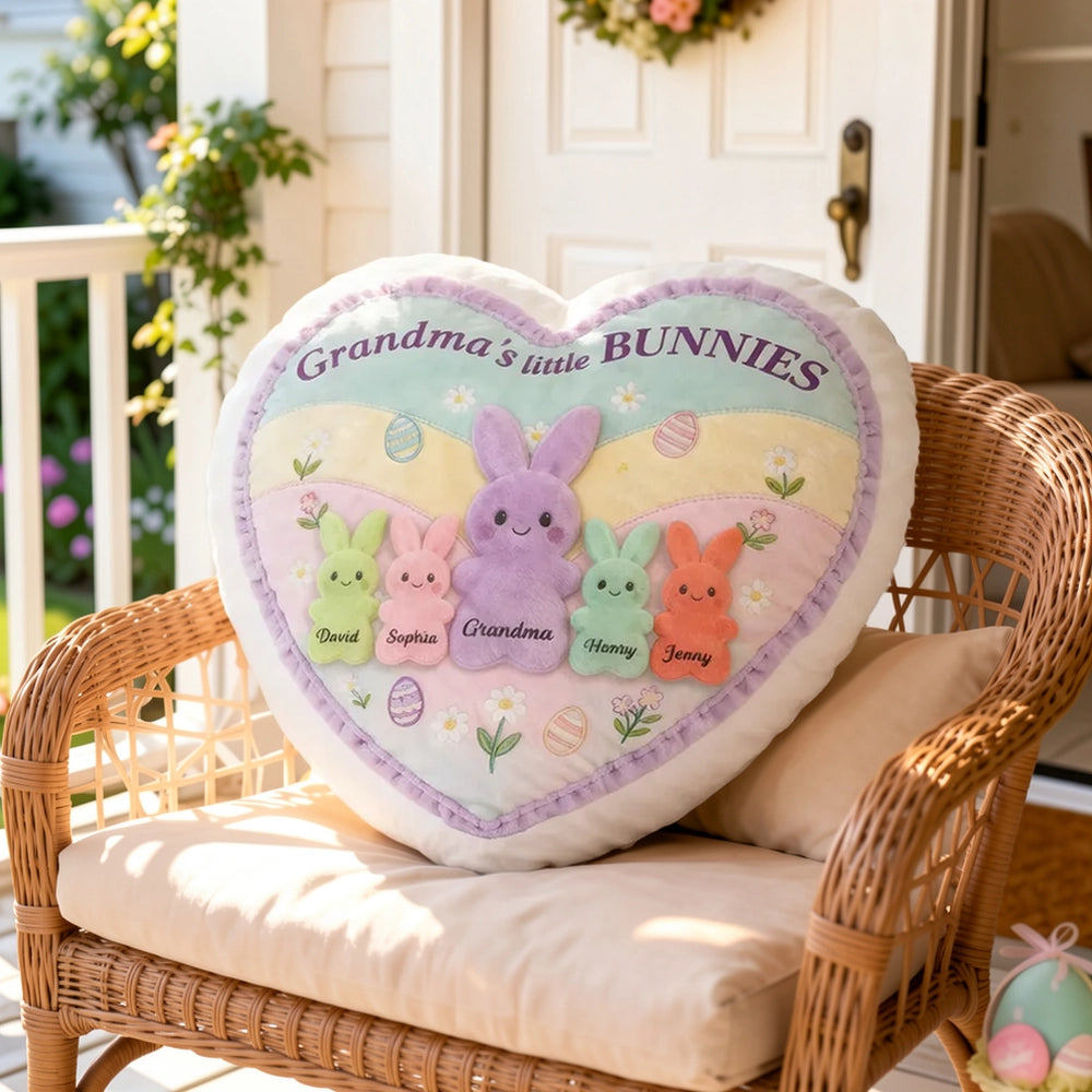 Personalized Heart-Shaped Pillow for Grandma with Bunny Design - Easter Gift Pillow MagicInPrints