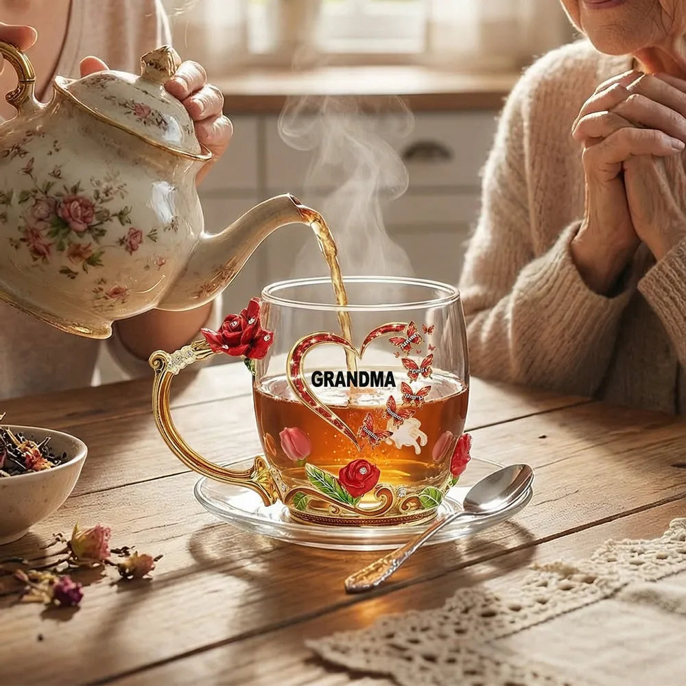 Personalized Glass Tea Mug for Grandma with Floral Design - Mother's Day Gift Cup MagicInPrints
