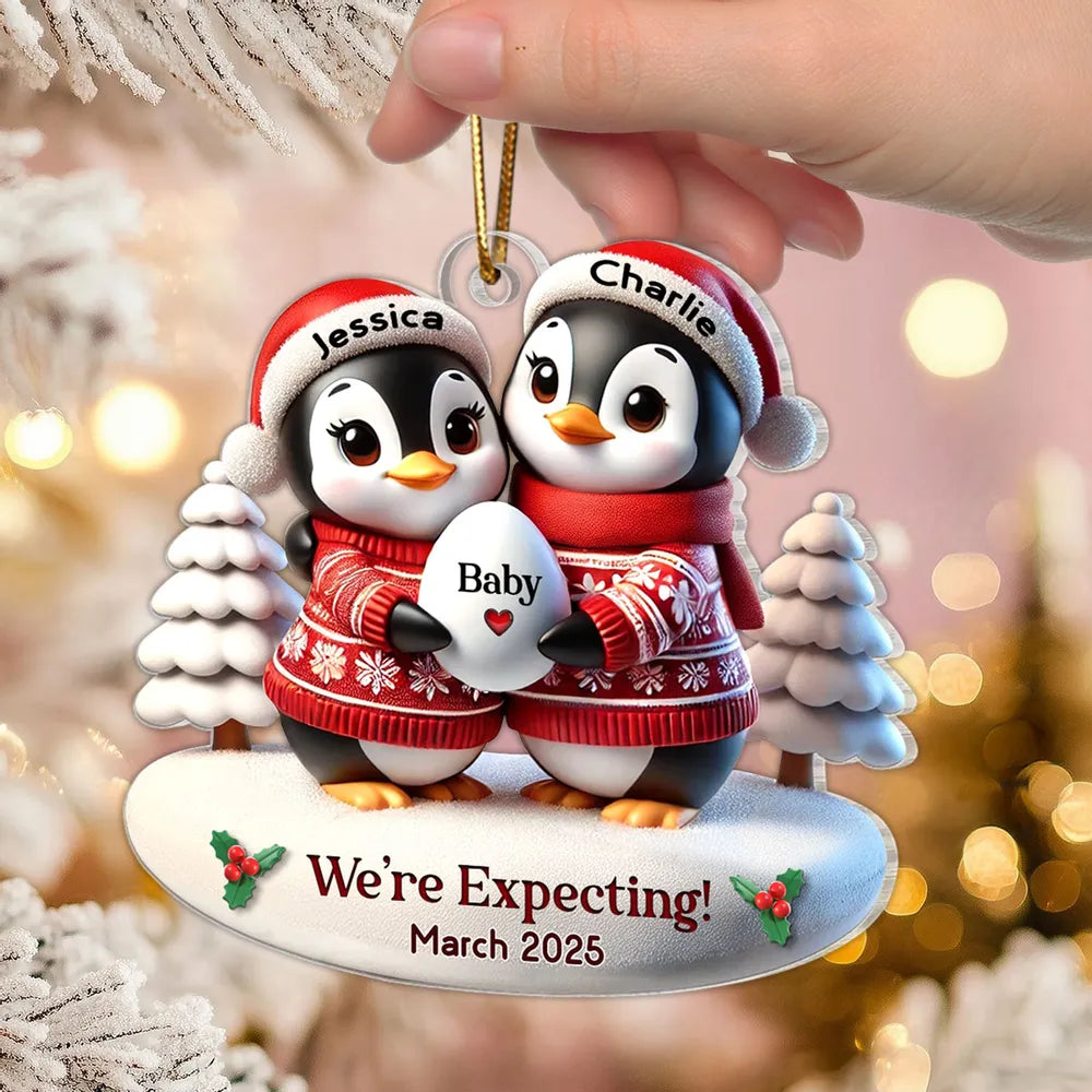 Personalized Penguin Family Christmas Ornament for Expecting Parents - Baby Announcement 2025 Ornament MagicInPrints