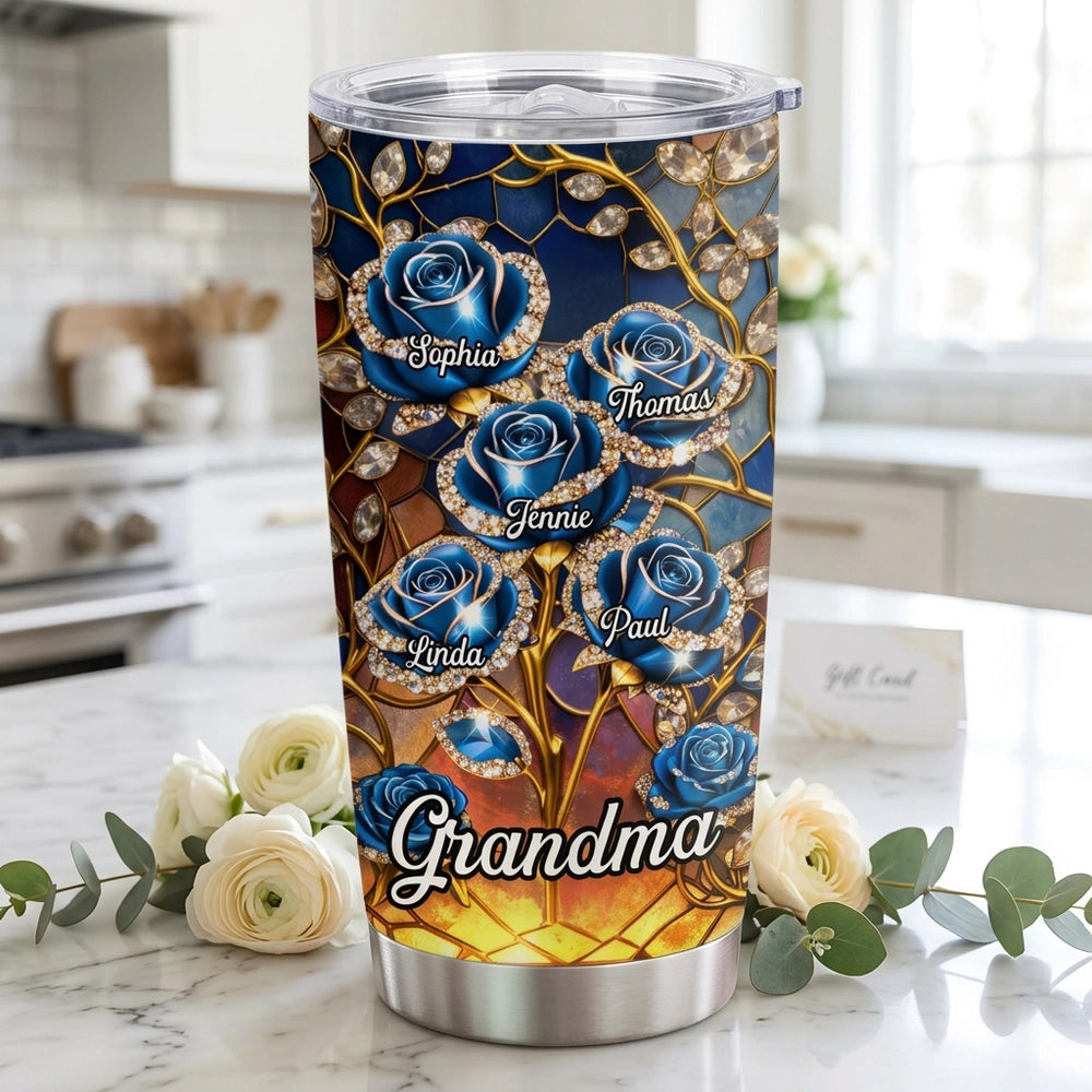 Personalized Tumbler for Grandma with Custom Names and Purple Roses - Thoughtful Gift Cup MagicInPrints