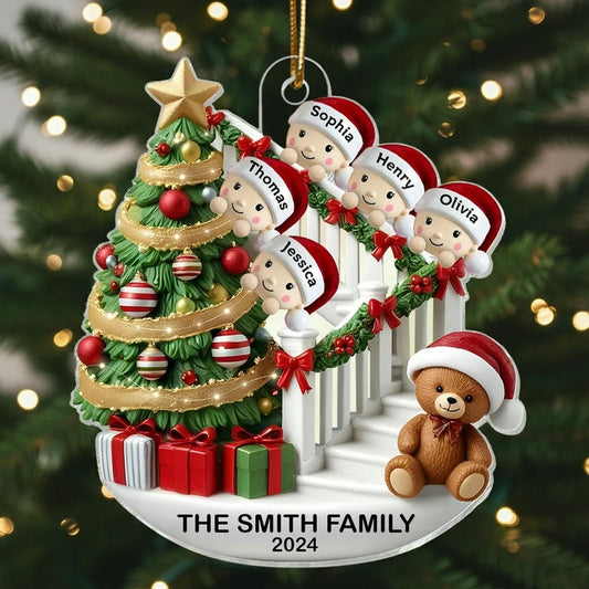 Personalized Family Christmas Ornament - Custom Names on Staircase with Tree and Teddy Bear Ornament MagicInPrints