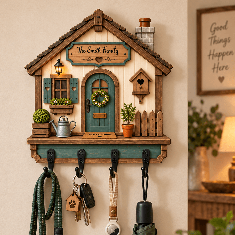 Personalized Wooden Key Holder Custom Name Cottage Decor Gift for Couples