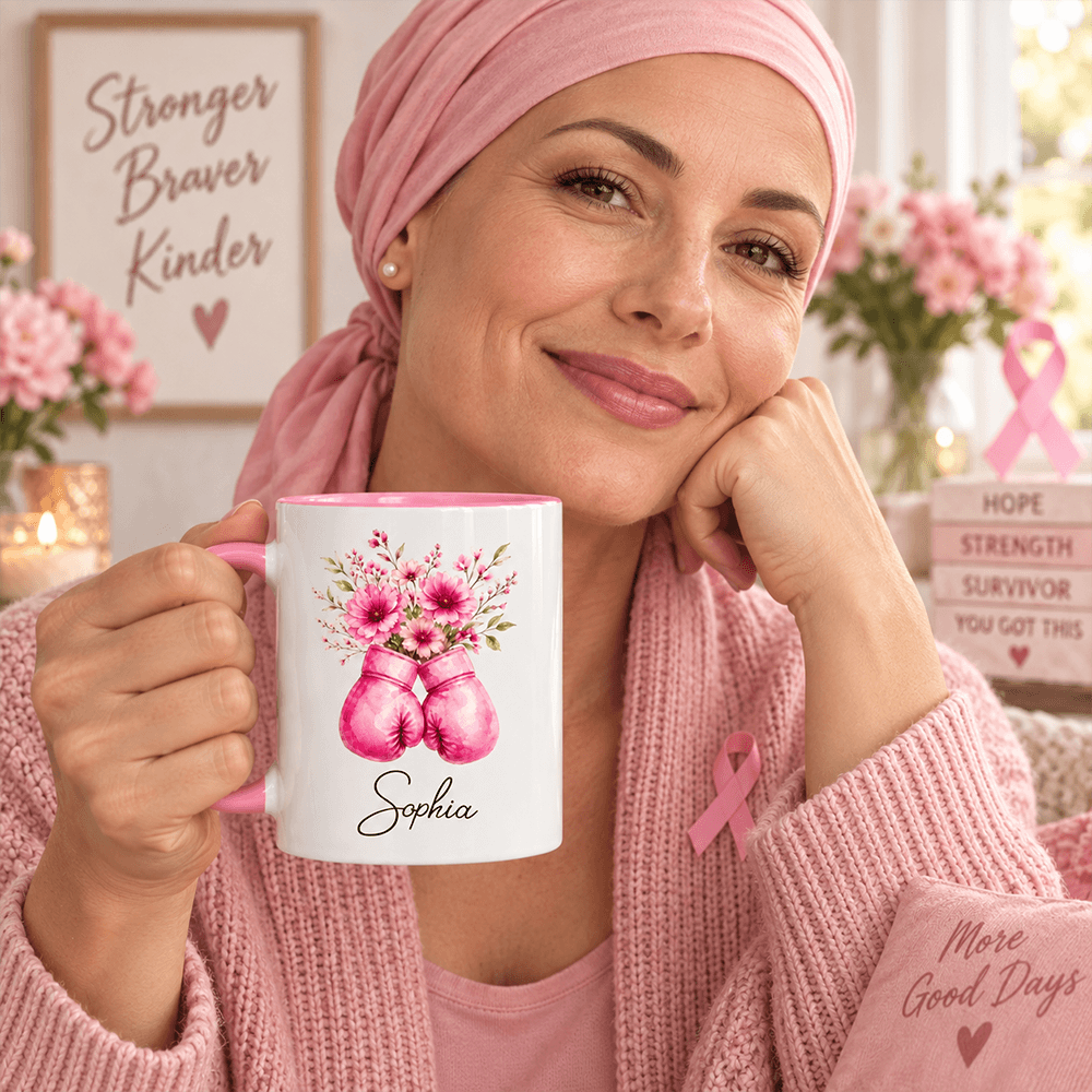 Personalized Floral Boxing Gloves Mug Gift for Her - Breast Cancer Support