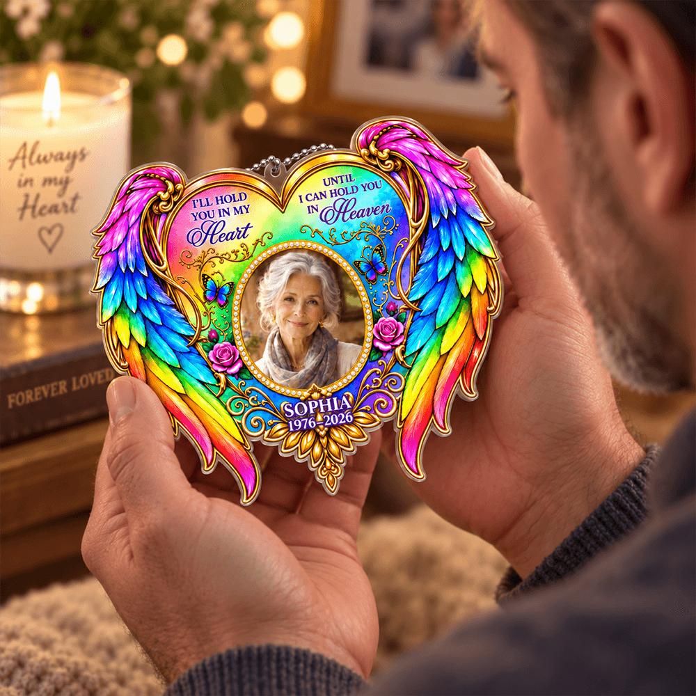 Personalized Acrylic Car Hanger with Rainbow Angel Wings Remembrance Gift