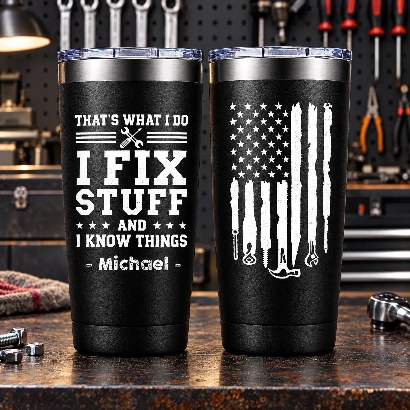 Personalized Bullet Tumbler Custom Name Gift for Dad Mechanic