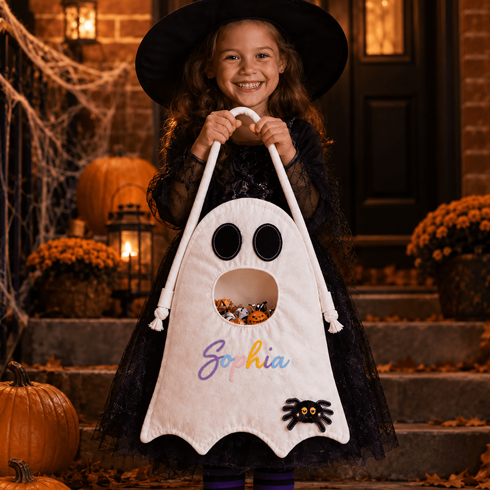 Personalized Crochet Ghost Trick-or-Treat Bag for Kids with Custom Name & Halloween Icon