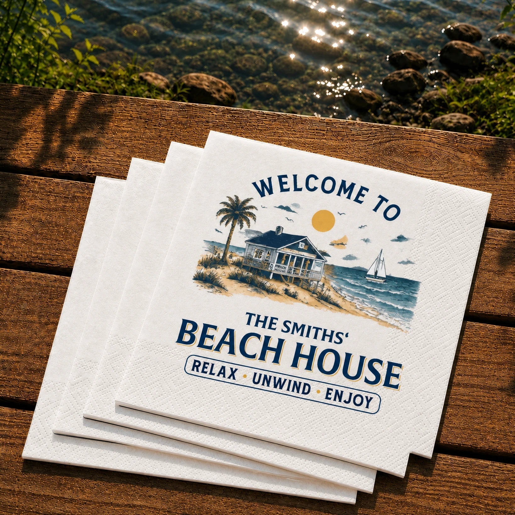 Personalized Beach House Napkins Custom Name Gift for Hosts