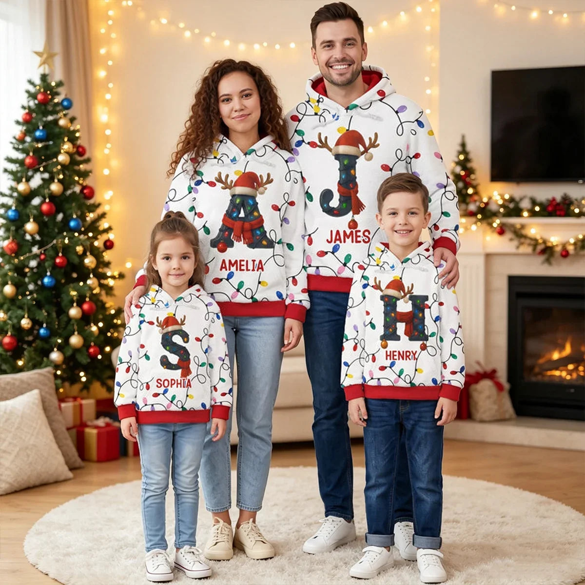 Personalized Family Initial Hoodie Colorful Reindeer Gifts
