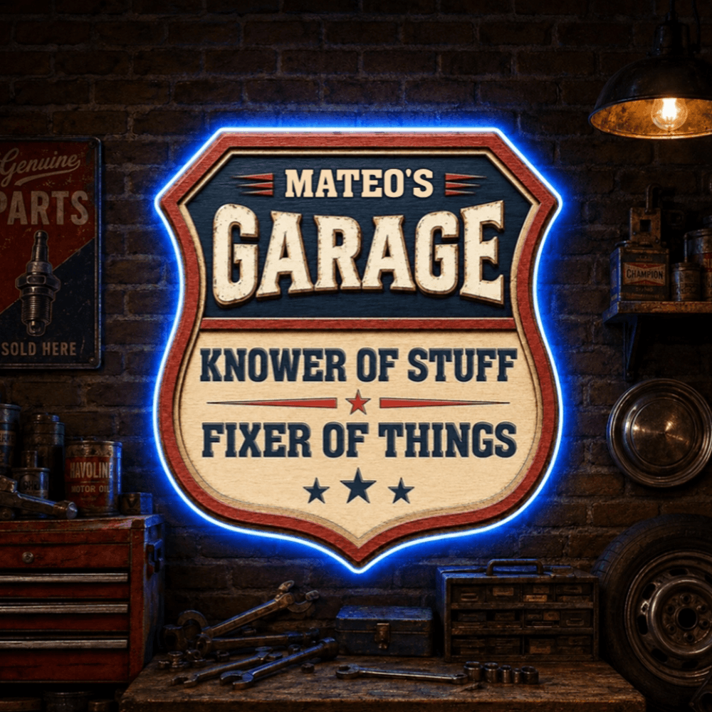 Personalized LED Garage Sign Custom Name Fixer of Things Gift for Car Enthusiasts