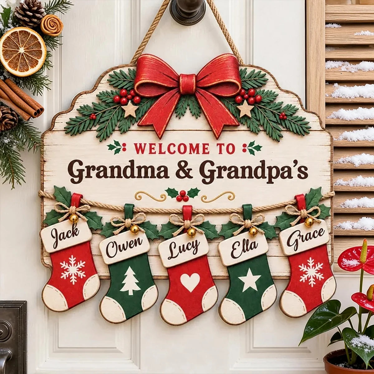 Personalized Wooden Family Sign with Stockings Rustic Decor Gift for Grandparents