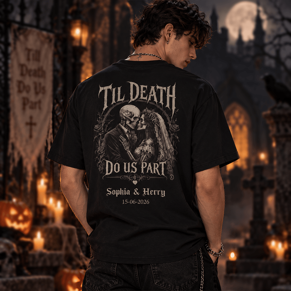 Personalized Gothic Skeleton Couple T-Shirt Custom Names Gift