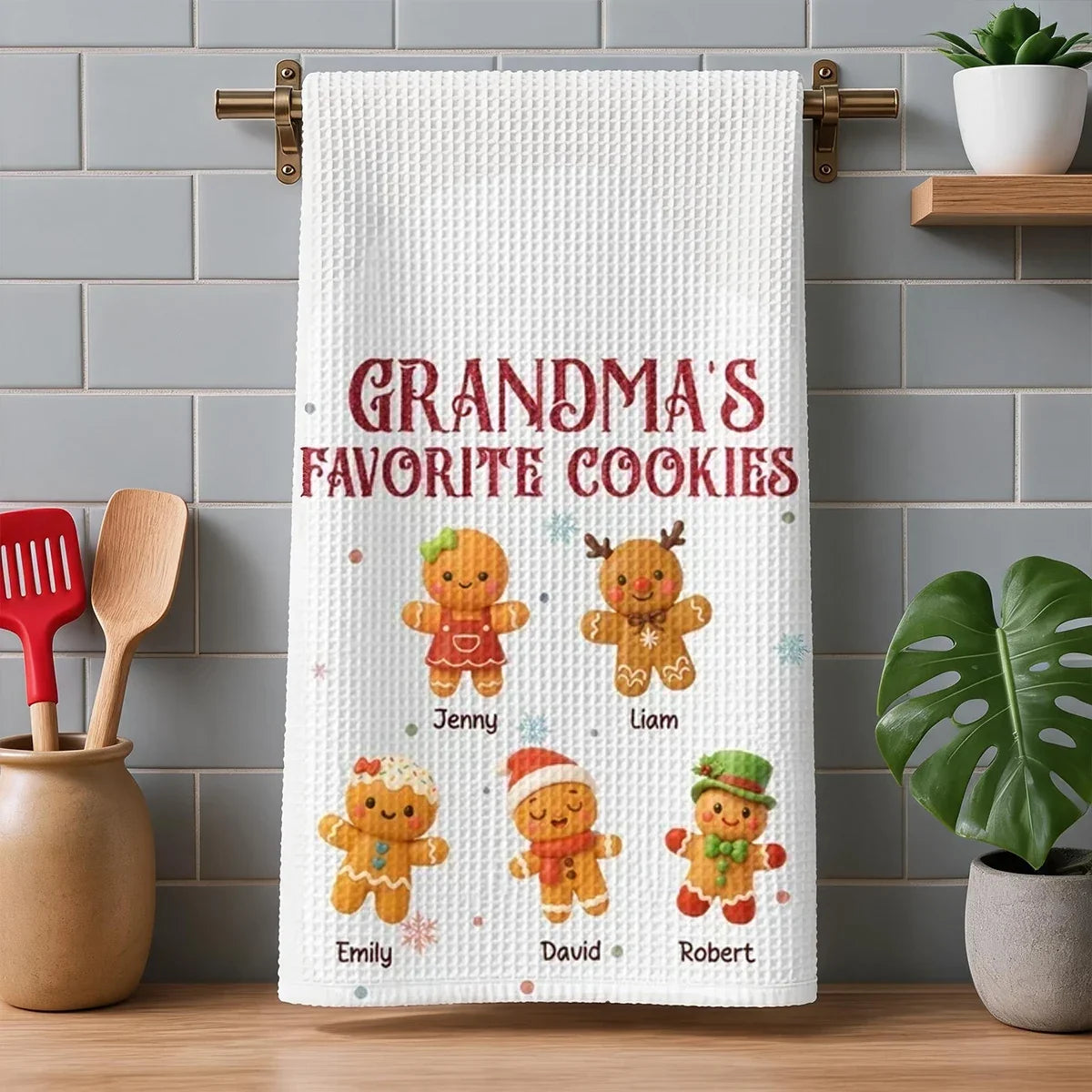 Personalized Kitchen Towel Gift for Grandma Gingerbread Scene