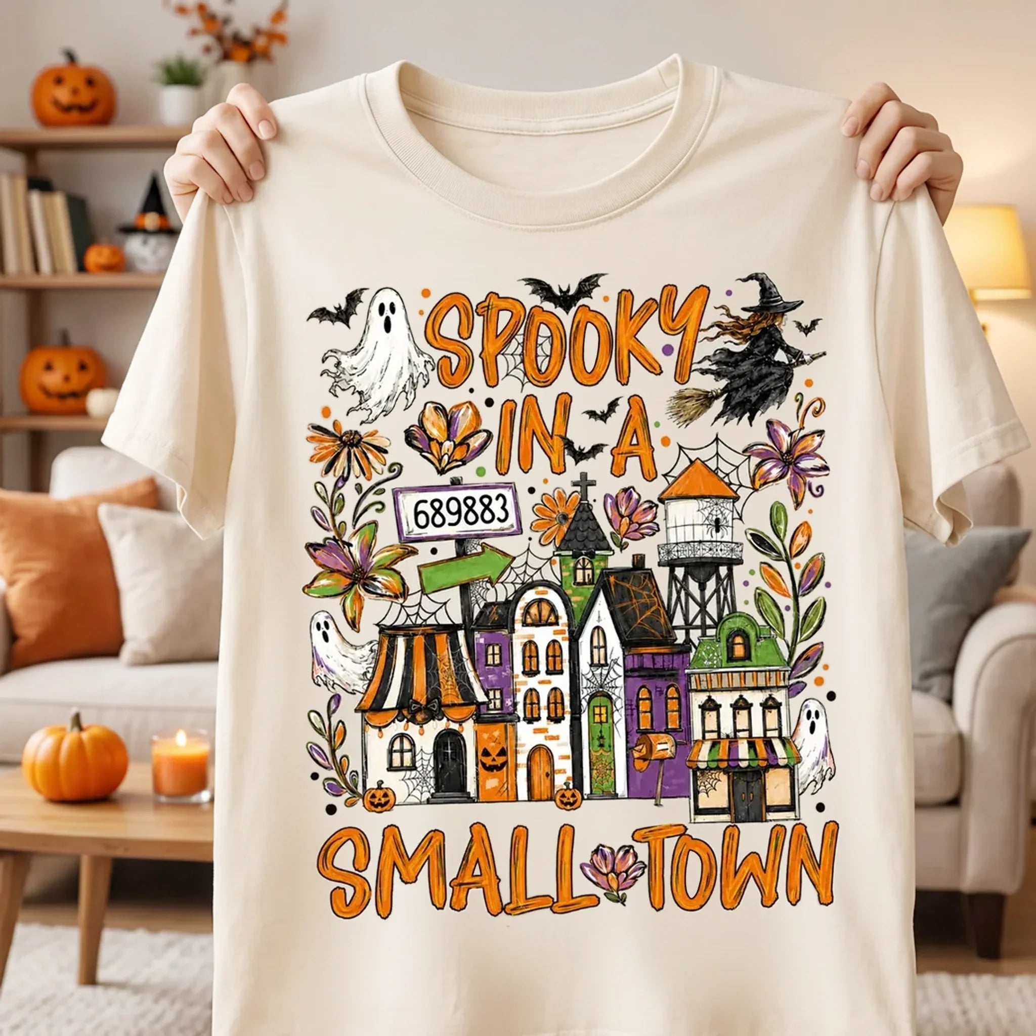 Personalized Halloween Tee Custom Small Town Scene Gift