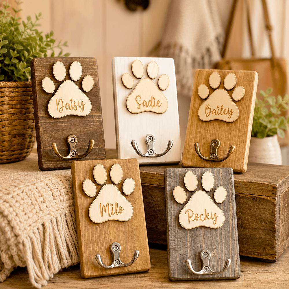 Personalized Wooden Pet Leash Holder Custom Dog Name Hook Gift for Pet Lovers