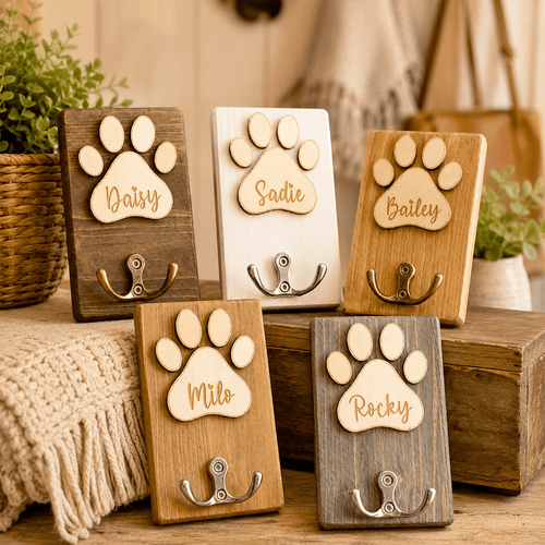 Personalized Wooden Pet Leash Holder Custom Dog Name Hook Gift for Pet Lovers