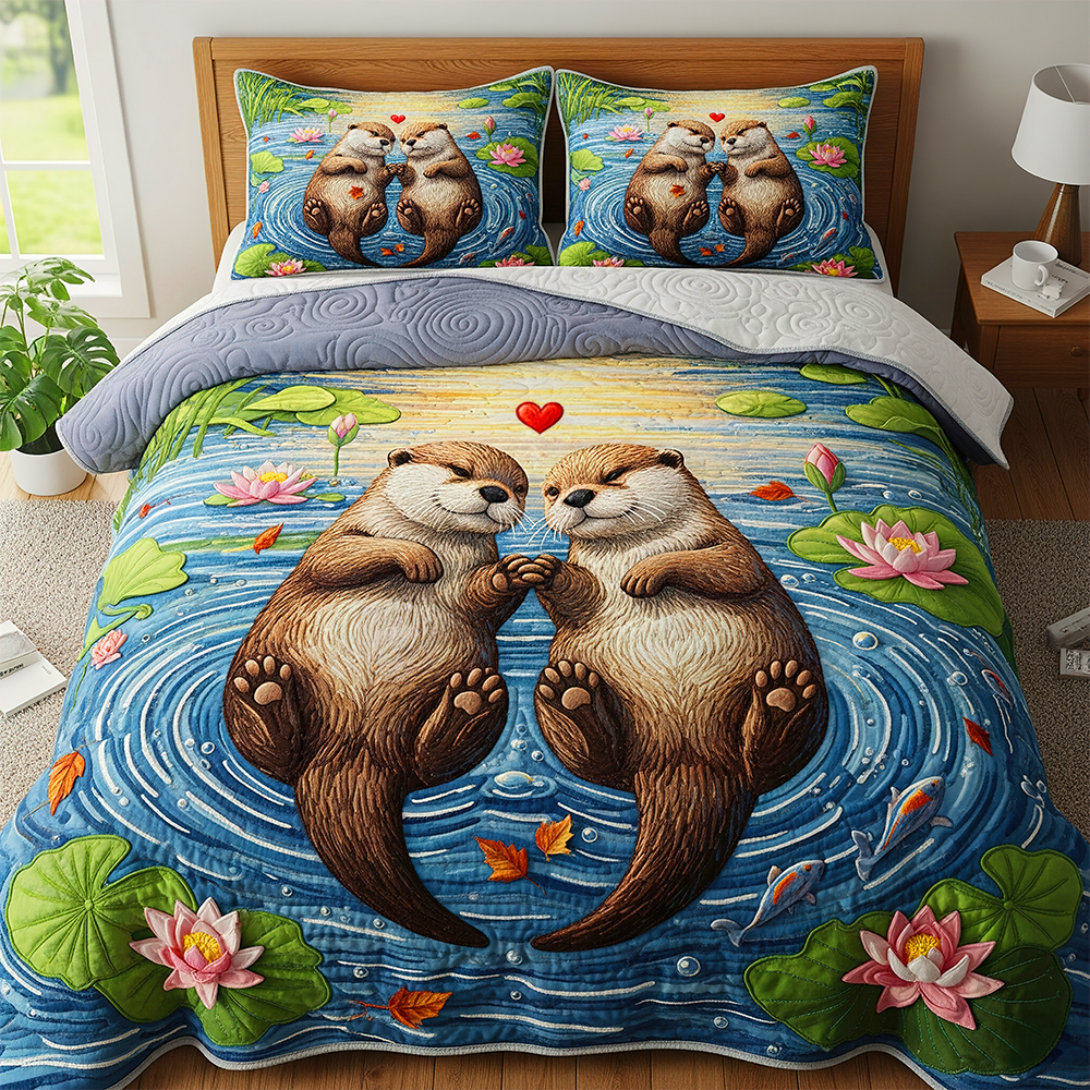 Love Among Otters: Personalized Quilt Bedding Set - Unique Gift for Couples Blanket MagicInPrints