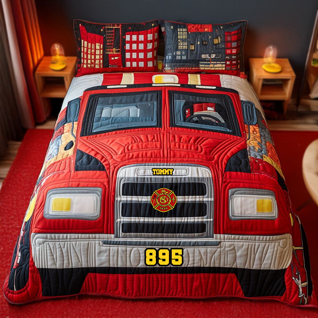 “Brave Heroes Deserve Cozy Comfort” - Fire Truck Quilt Bedding Set - Personalized Gifts for Firefighters