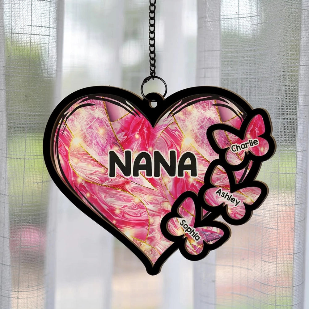 Personalized Heart Sun Catcher for Nana with Butterfly Names - Grandparent Gift Ornament MagicInPrints