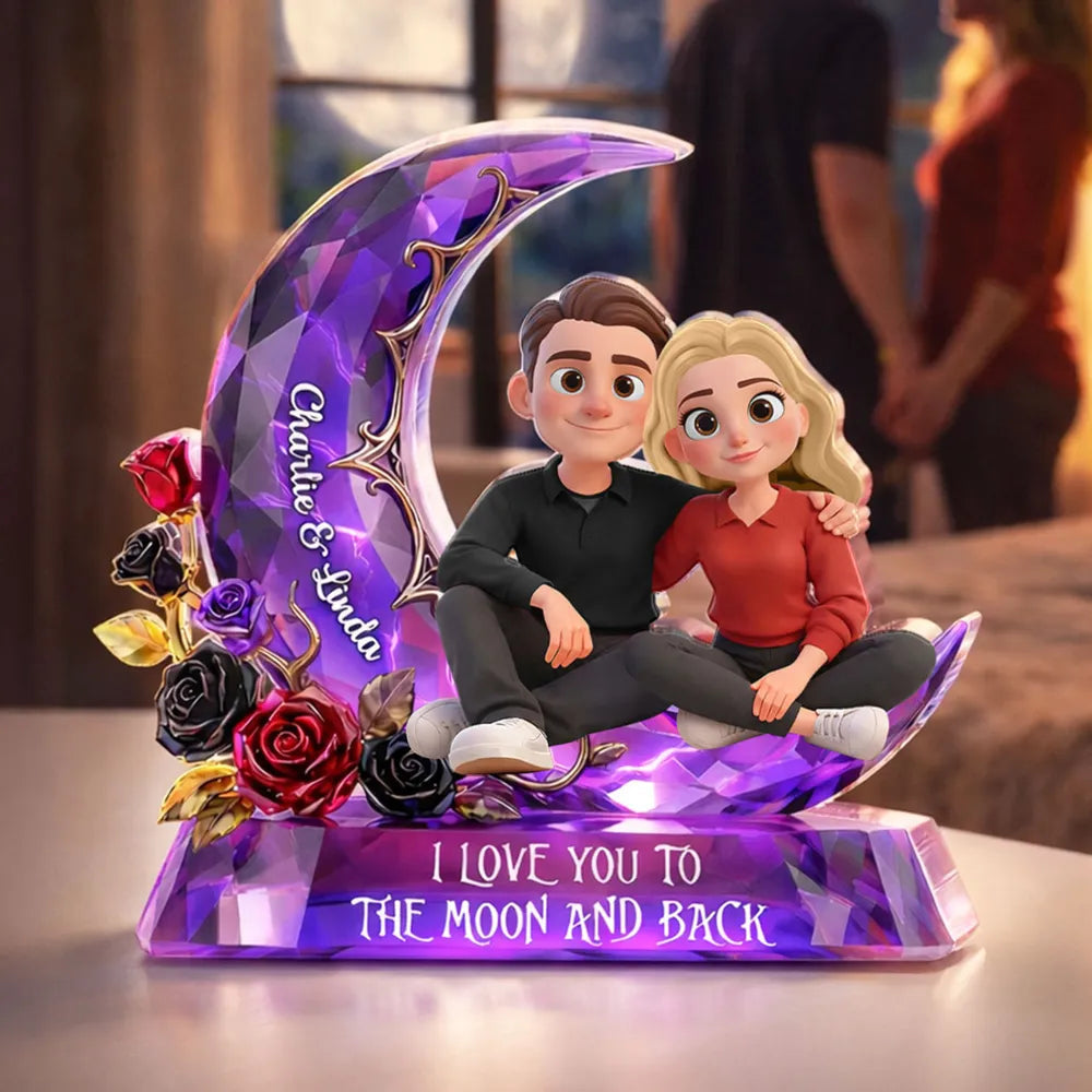 Personalized Romantic Couple Figurine with Moon and Roses - Anniversary Gift Plaque MagicInPrints