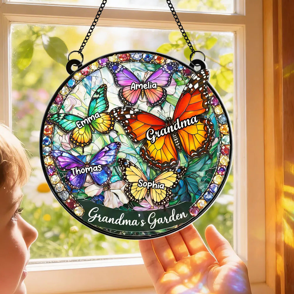 Personalized Stained Glass Suncatcher for Grandma - Butterfly Design for Mother's Day Ornament MagicInPrints