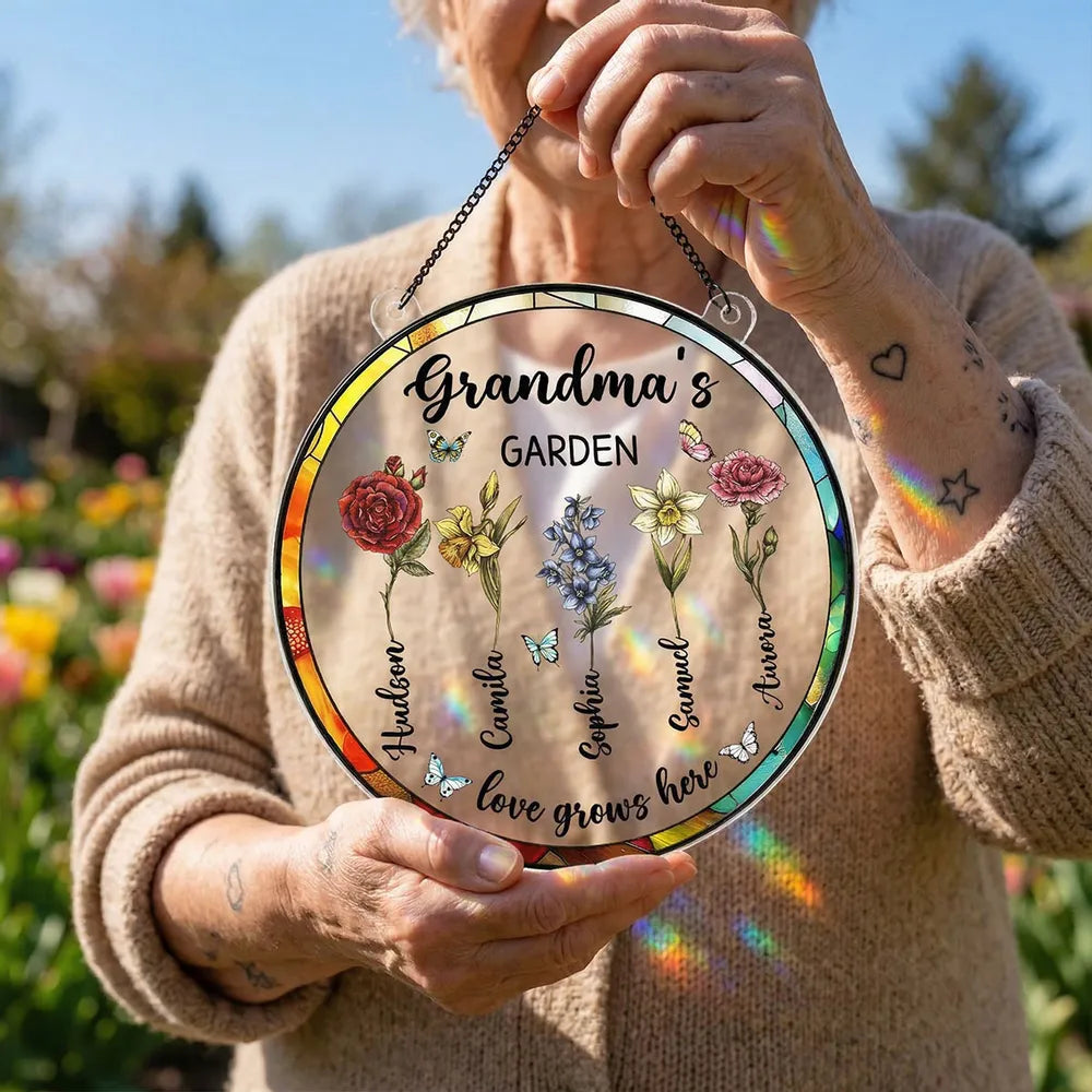 Personalized Stained Glass Window Hanging for Grandma - Family Garden Decoration Ornament MagicInPrints