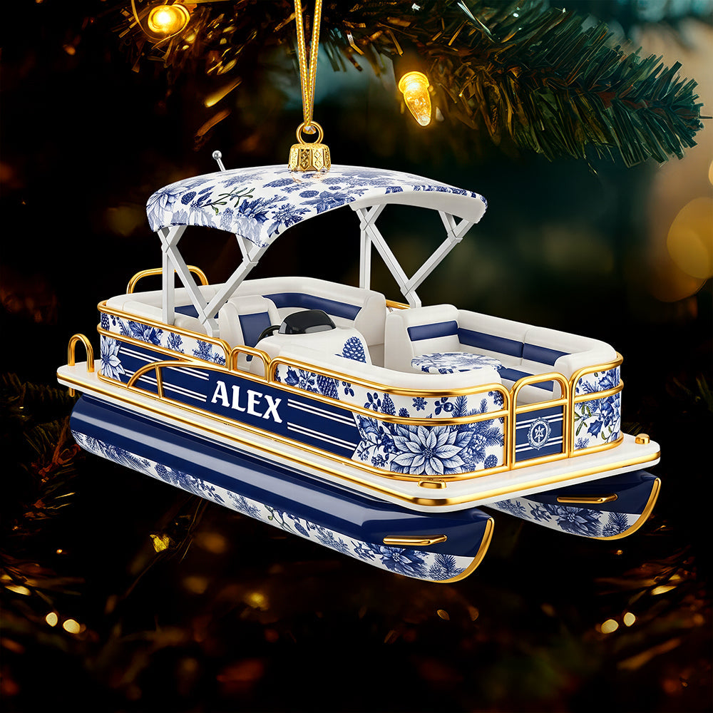 "Sail into the Holiday Spirit!" - Personalized Toile de Jouy Christmas Ornament - Custom Gift for Pontoon Lovers Ornament MagicInPrints
