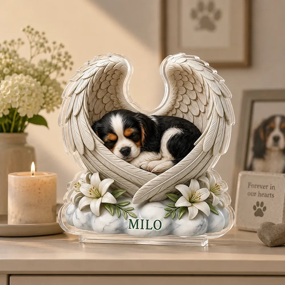 Personalized Acrylic Block Plaque Sleeping Dog Angel Wings Pet Memorial Gift
