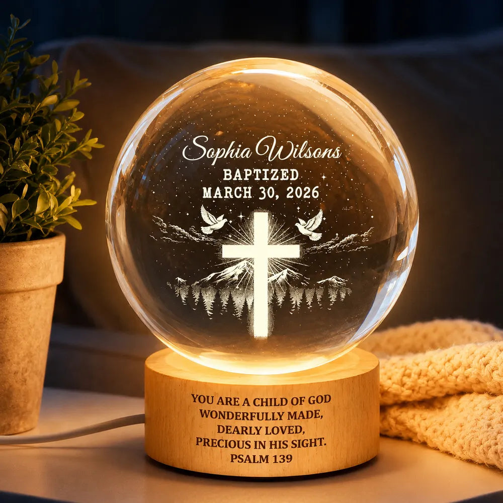 Personalized Globe Lamp with Cross & Doves Gift for Child, Nursery Decor