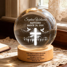 Load image into Gallery viewer, Personalized Globe Lamp with Cross &amp; Doves Gift for Child, Nursery Decor
