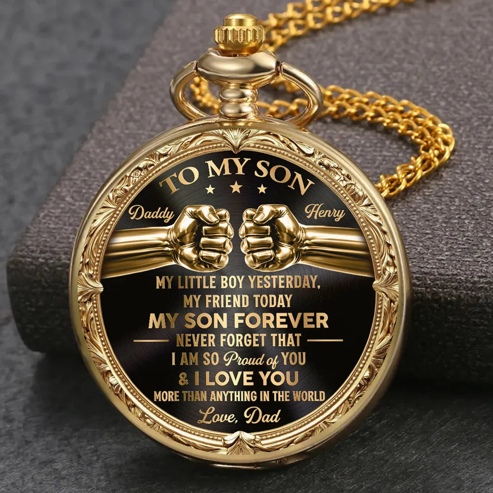 Personalized Black and Gold Pocket Watch Gift for Son from Dad