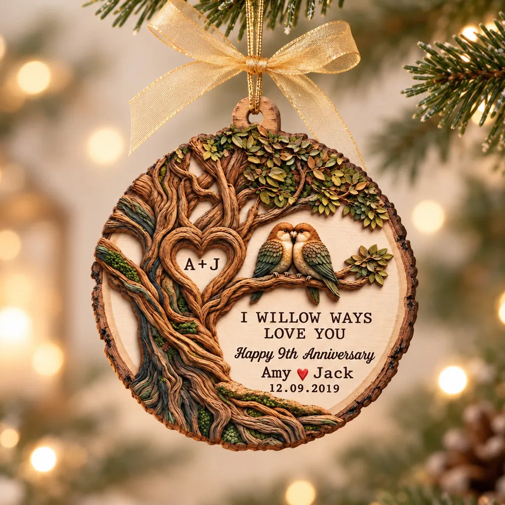 Personalized Wooden Ornament with Willow Tree & Birds, Unique Anniversary Gift for Couples
