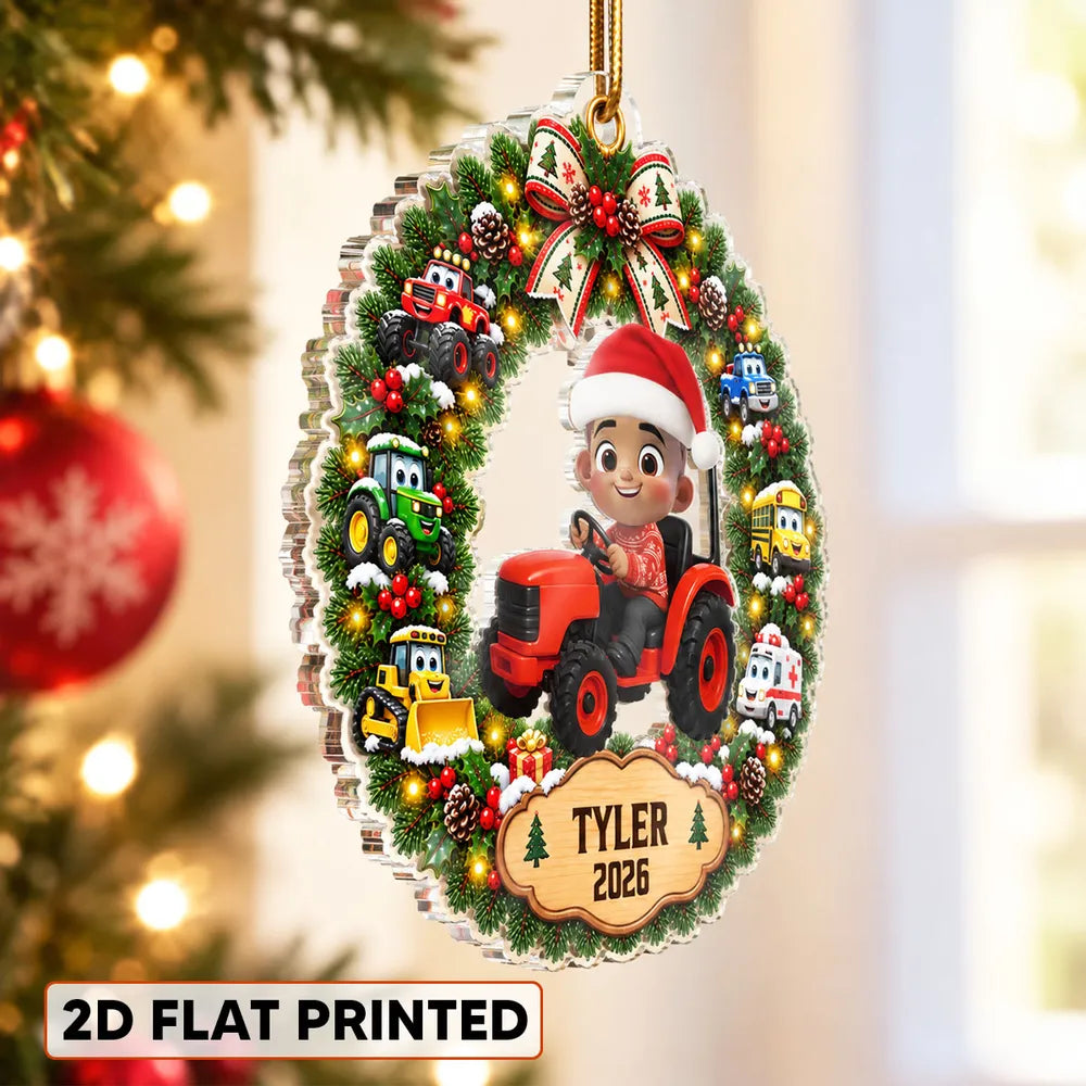 Personalized Acrylic Christmas Ornament for Grandson with Excavator