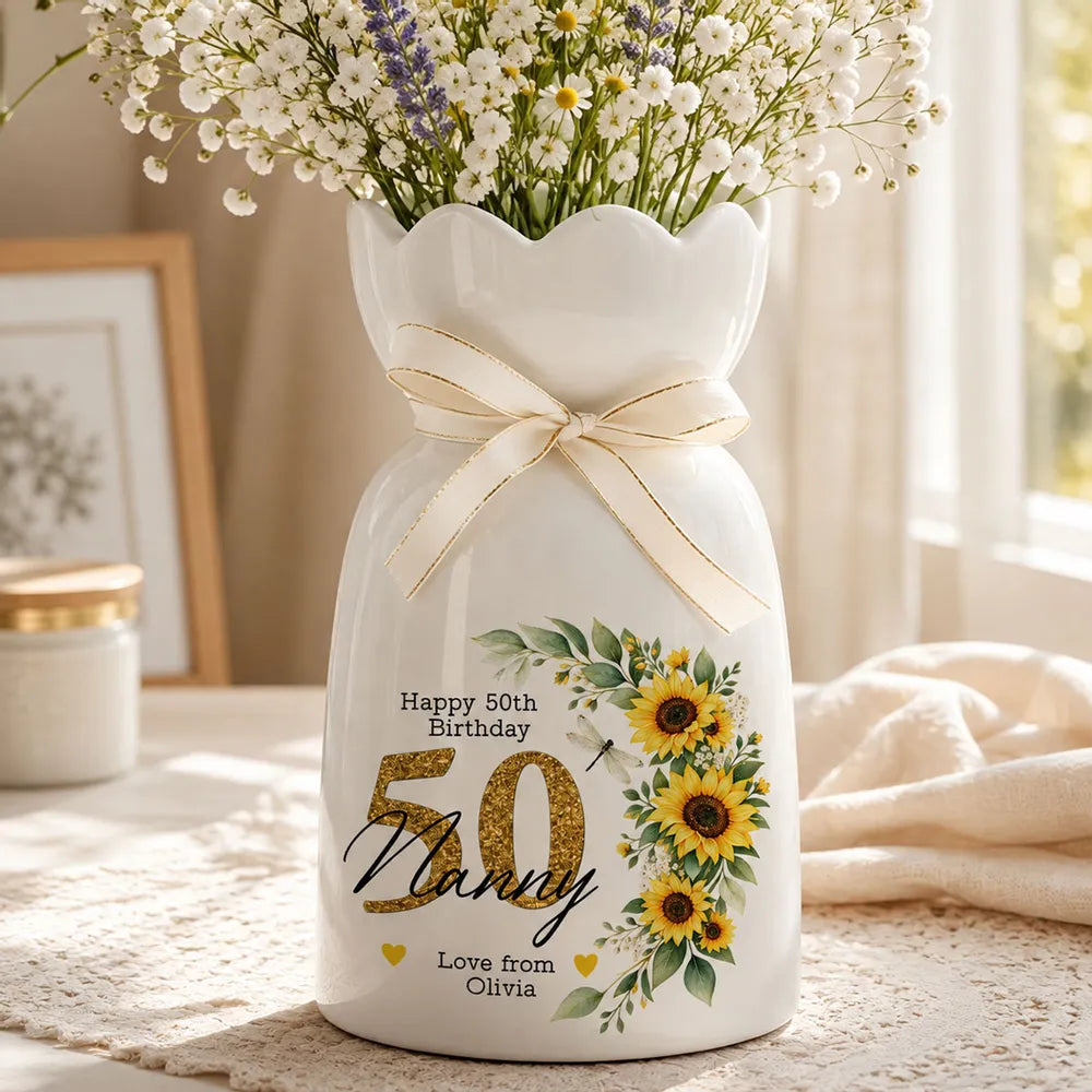 Personalized Sunflower Ceramic Vase Unique Birthday Gift