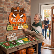Load image into Gallery viewer, Personalized Fall Wooden Sign with Pumpkins &amp; Football Bow Gift for Family
