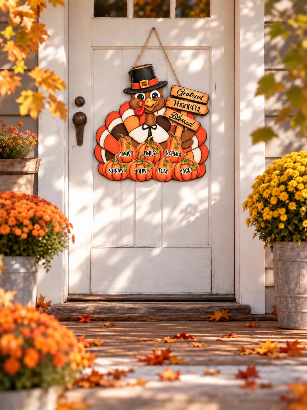 Personalized Wooden Sign with Pilgrim Turkey for Family Fall Decor