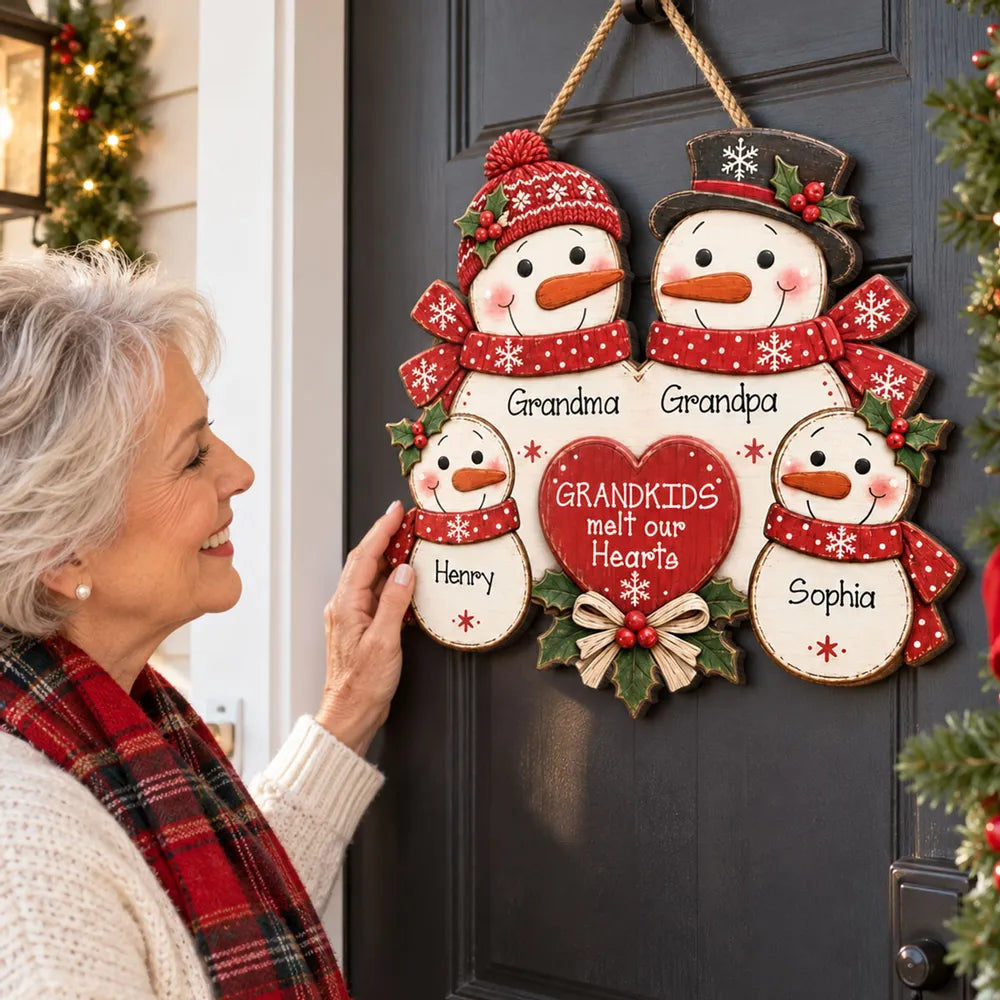 Personalized Christmas Wooden Sign for Grandma & Grandpa Snowman Family Decor