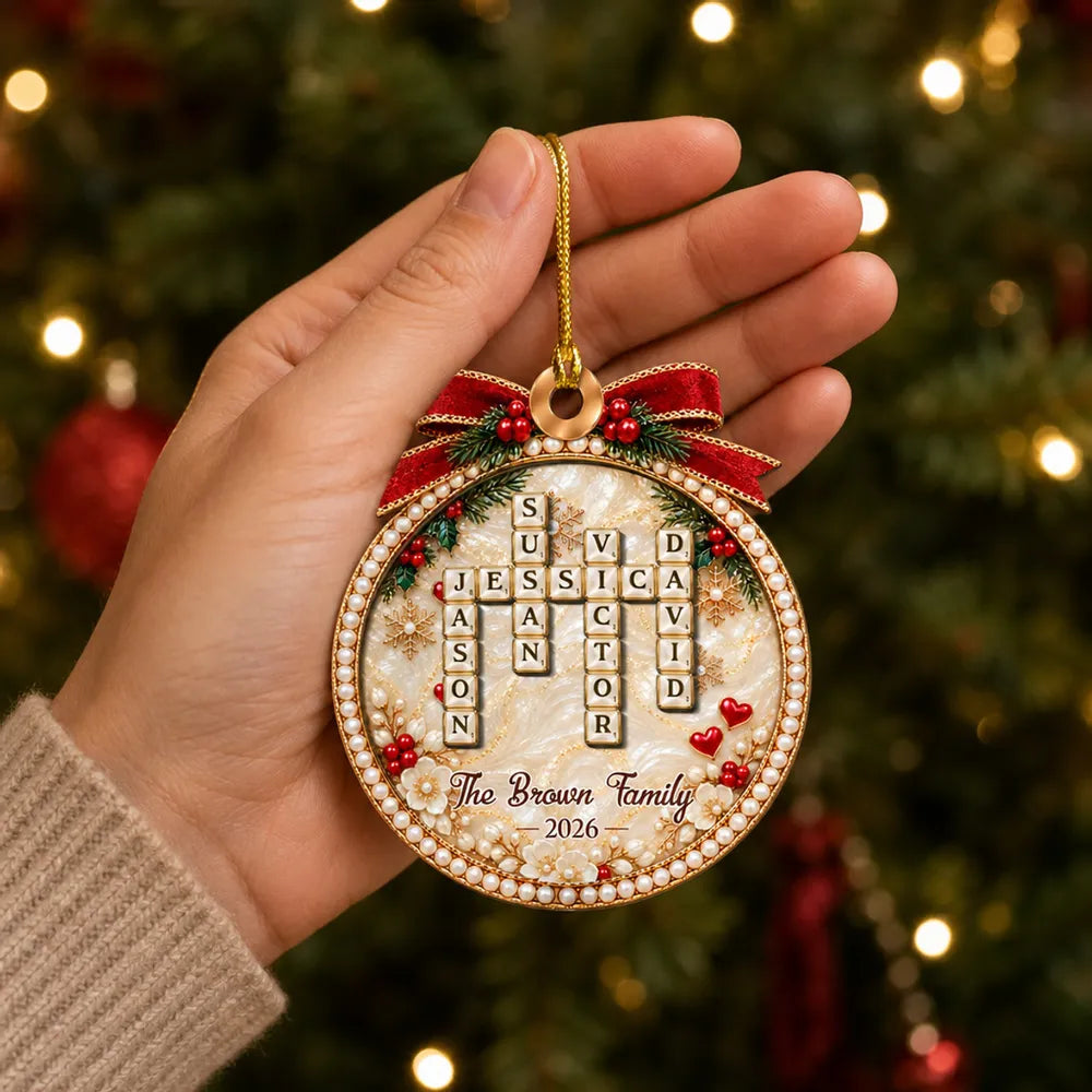 Personalized Family Word Search Ornament Red Gold Unique Gift