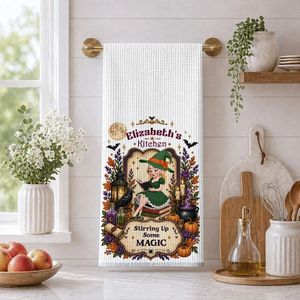 Personalized Halloween Kitchen Towel Custom Witch Art Gift